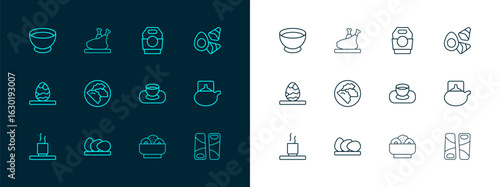 Set line Chicken egg with vegerables, Soy sauce in bowl, Chow mein on plate, Dumpling, Asian noodles paper box, and Roasted turkey or chicken icon. Vector