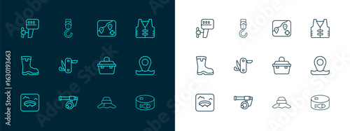 Set line Fishing jacket, rod, Case or box for fishing equipment, Fisherman hat, Swiss army knife, Location, Outboard boat motor and Spring scale icon. Vector