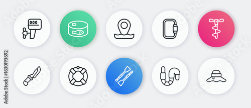 Set line Oars or paddles boat, Hand ice drill, Knife, Worm, Carabiner, Location fishing, Fisherman hat and Lifebuoy icon. Vector