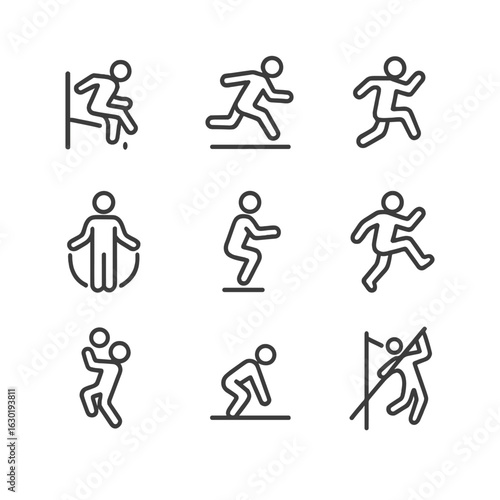 Jump Action Icons. Outline icon set of jump actions: high jump, long jump, triple jump, pole vault, jump rope, jump squat, jump