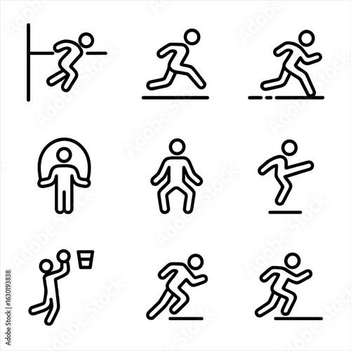 Jump Action Icons. Outline icon set of jump actions: high jump, long jump, triple jump, pole vault, jump rope, jump squat, jump