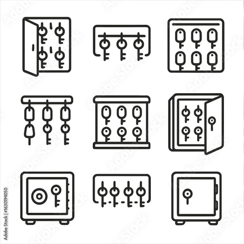 Key Storage Icons. Outline icon set of storage key holders: key cabinet, wall-mounted organizer, drawer insert tray, numbered tag