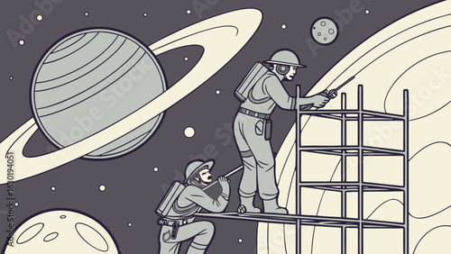 Retro space exploration astronauts building structure on planet with rings vector illustration