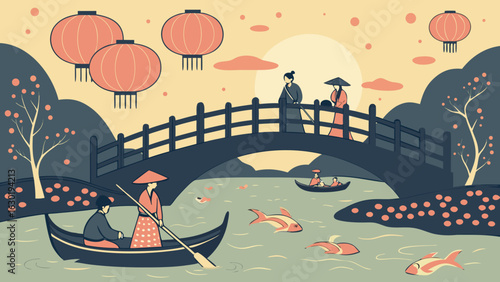 Asian landscape scene with bridge boat lanterns and people vector illustration traditional design art print 100