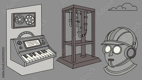 Illustration of vintage synth keyboard with reel to reel machine and robot head in gray tones