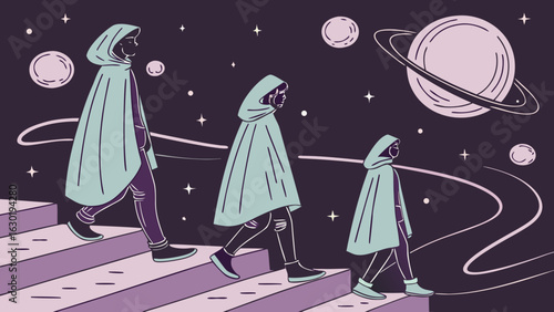 Space travel illustration of hooded figures walking on stairs to planets and stars in the universe