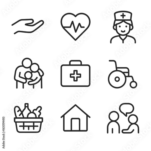 Kin Support Icons. Outline icon set of kin support and care: helping hand, heart with pulse, nurse, family hug, medical kit,