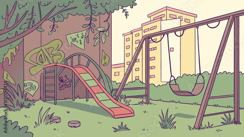 Cartoon playground with slide and swing set in urban park setting for children's outdoor activities
