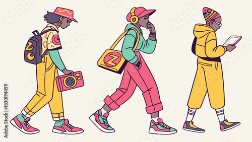 Three diverse hipsters walking urban street style fashion illustration vector art trendy people cartoon characters