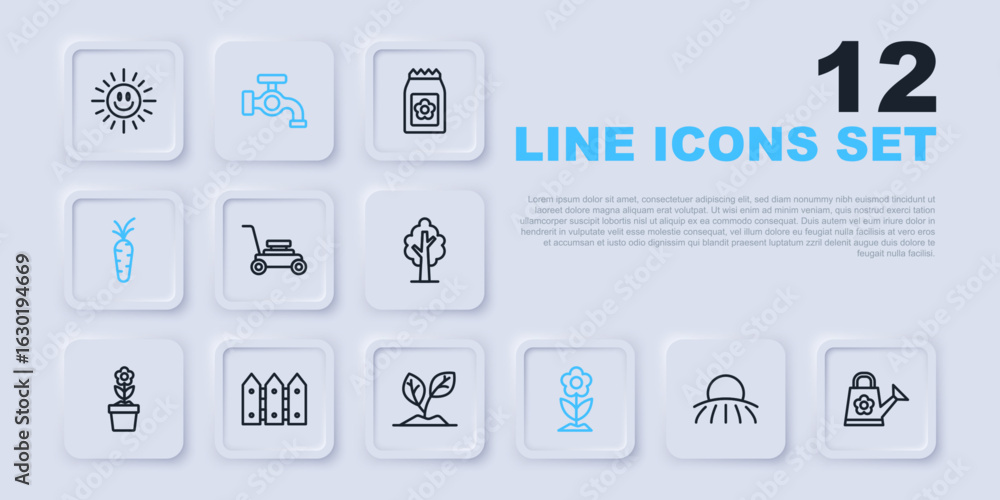 Set line Sunrise, Watering can, Lawn mower, Flower, Carrot, Garden fence wooden, tap and Sprout icon. Vector Set line Sunrise, Watering can, Lawn mower, Flower, Carrot, Garden fence wooden, tap and Sprout icon. Vector