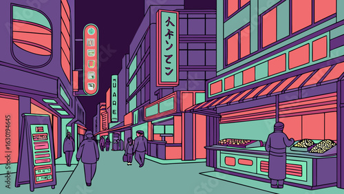 Illustrated japanese street scene with neon signs and people walking at night time illustration artwork