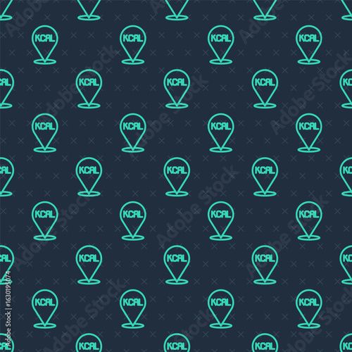 Green line Kcal icon isolated on isolated seamless pattern on blue background. Health food. Vector