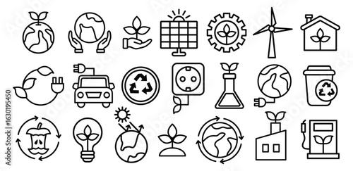 Ecology Line Icon A Collection of Black and White Line Icons Related to Environmental Sustainability and Green Technology Vector Design Illustration Collections Sets