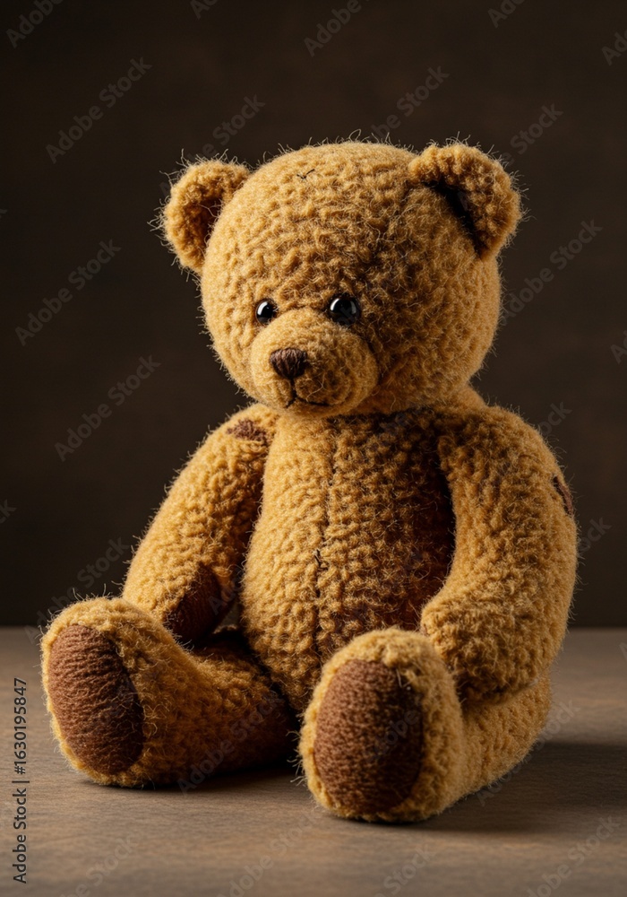 Obraz premium Teddy bear sitting against a dark background.