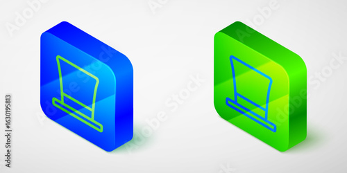 Isometric line Cylinder hat icon isolated on grey background. Blue and green square button. Vector