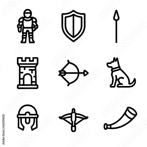 King's Road Icons. Outline icon set of king’s road protection: armored knight, shield, spear, watchtower, archery bow, sentry dog,