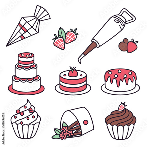 Collection of vector icons for cake decoration: icing piping bags, chocolate shavings, fruit glazes, fondant flowers, decorative sprinkles. Modern flat style, colorful and clean for mobile apps or pri