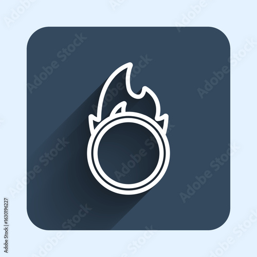 White line Circus fire hoop icon isolated with long shadow background. Ring of fire flame. Round fiery frame. Blue square button. Vector