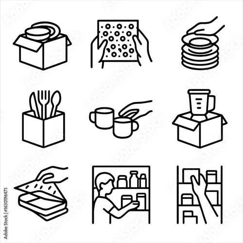 Kitchen Unpacking Icons. Outline icon set of kitchen unpacking: unbox dishes, remove bubble wrap, stack plates, unwrap utensils,