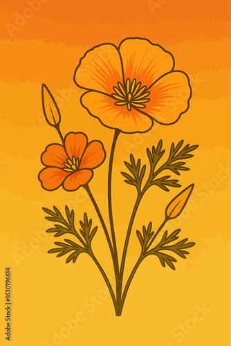 Bold vector illustration of blooming California poppies with buds and foliage on a vibrant orange gradient background, perfect for modern botanical prints or seasonal designs