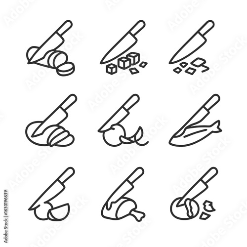 Knife Action Icons. Outline icon set of knife action types: slicing, dicing, chopping, carving, peeling, filleting, paring, boning