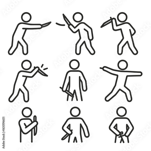 Knife Combat Icons. Outline icon set of field knife combat poses: thrust, slash, parry, block, draw, throw, grip, stance, sheath.