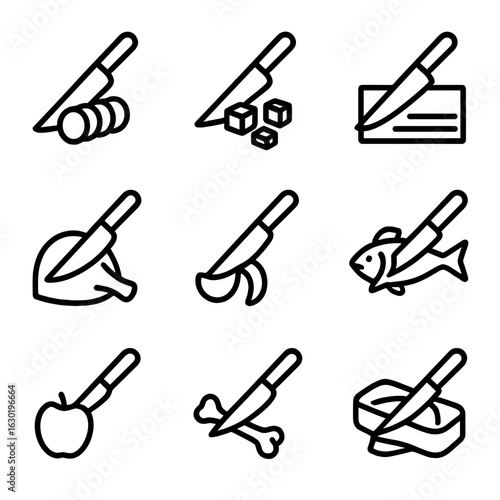 Knife Action Icons. Outline icon set of knife action types: slicing, dicing, chopping, carving, peeling, filleting, paring, boning