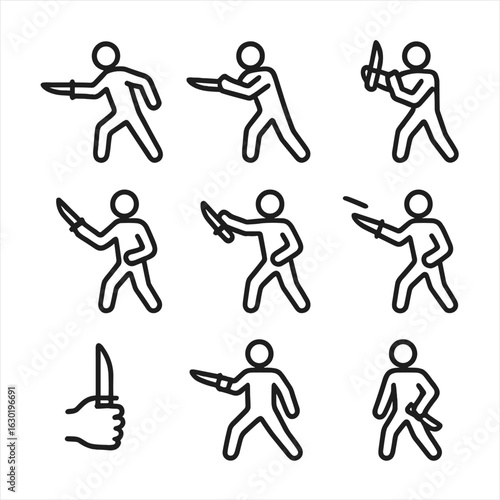 Knife Combat Icons. Outline icon set of field knife combat poses: thrust, slash, parry, block, draw, throw, grip, stance, sheath.