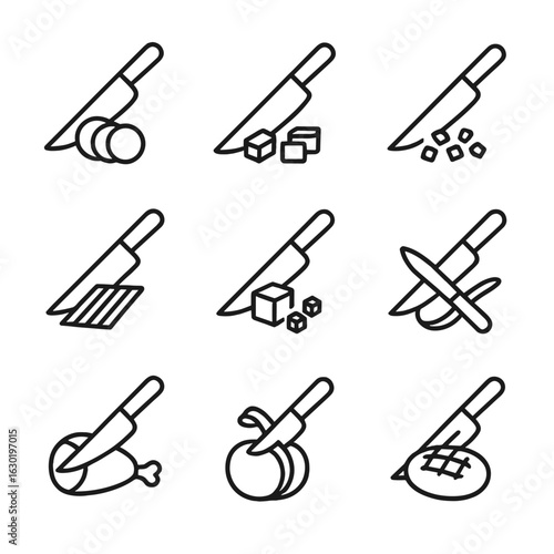 Knife Cutting Icons. Outline icon set of knife cutting styles: slice, chop, mince, julienne, dice, peel, carve, pare, score. Line