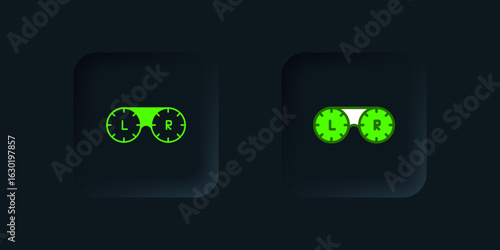 Green Contact lens container icon isolated on black background. Eyesight care, lens hygiene container. Black square button. Vector