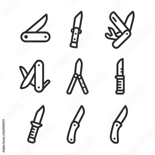 Knife Icon Set. Outline icon set of folding and pocket knives: folding knife, switchblade, multi-tool, Swiss army knife, butterfly