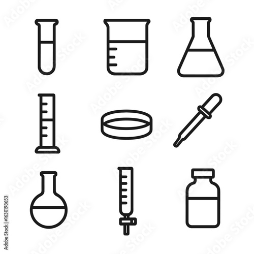 Lab Glassware Icons. Outline icon set of lab glassware: test tube, beaker, Erlenmeyer flask, graduated cylinder, petri dish,