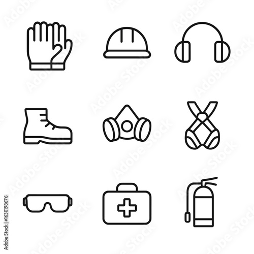 Labor Safety Icons. Outline icon set of labour safety equipment: gloves, safety helmet, ear protection, safety boots, respirator