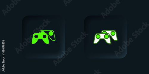 Green Game controller or joystick for game console icon isolated on black background. Black square button. Vector