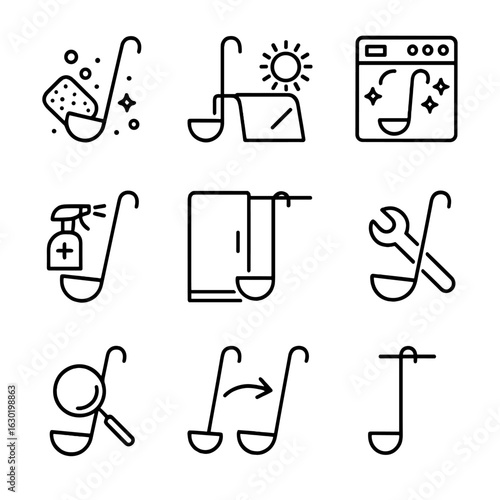Ladle Care Icon Set. Outline icon set of ladle care and maintenance: cleaning ladle, drying ladle, dishwashing ladle, disinfecting