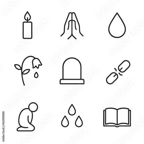Lament Icons Collection. Outline icon set of lament tools: candle, folded hands, tear drop, wilted rose, memorial stone, broken