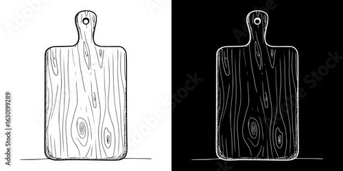 Isolated vector image of a wooden cutting board with pencil drawing style, two design variants on transparent and black background, chalk drawing
