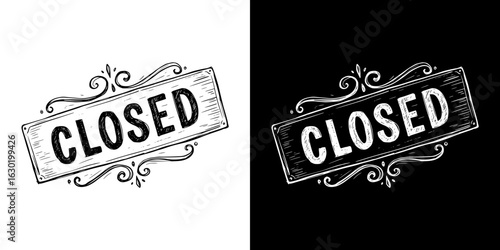 "Closed" sign, isolated vector image, two design variants on transparent and black background, pencil drawing, chalk drawing

