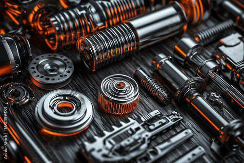 Various car spare parts on a mechanic workbench background in a garage, auto repair shop or auto parts store concept.