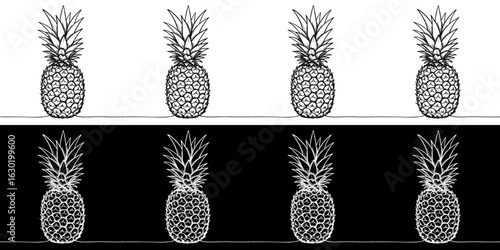 Pineapple illustrations, isolated vector image, two design variants on transparent and black background, pencil drawing, chalk drawing, seamless border
