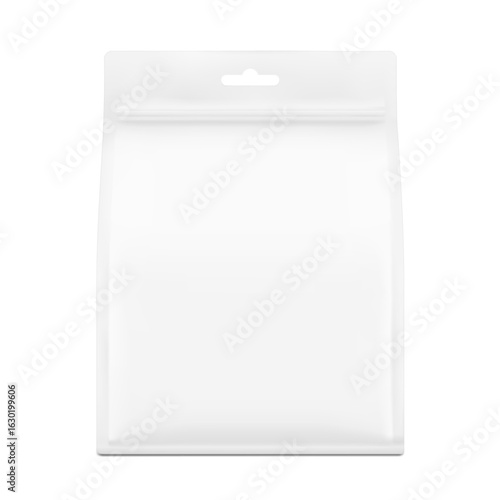 Vertical lat bottom gusset bag mockup with zipper lock and euro slot. Front view.  Vector illustration isolated on white background. Ready for use in presentation, promo, advertising and more. EPS10.