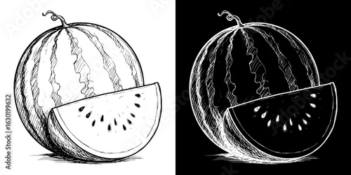 whole watermelon with slice illustration, isolated vector image, two design variants on transparent and black background, pencil drawing, chalk drawing
