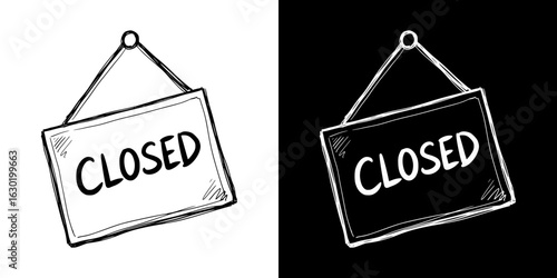 "Closed" sign illustration, isolated vector image, two design variants on transparent and black background, pencil drawing, chalk drawing