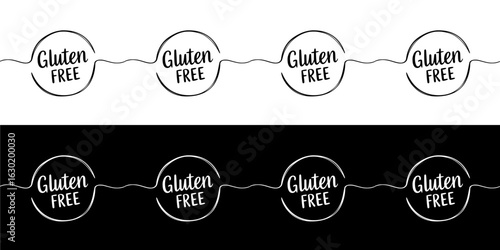 "Gluten free" labels in round design, isolated vector image, two design variants on transparent and black background, pencil drawing, chalk drawing, seamless border

