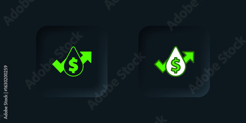Green Oil price increase icon isolated on black background. Oil industry crisis concept. Black square button. Vector