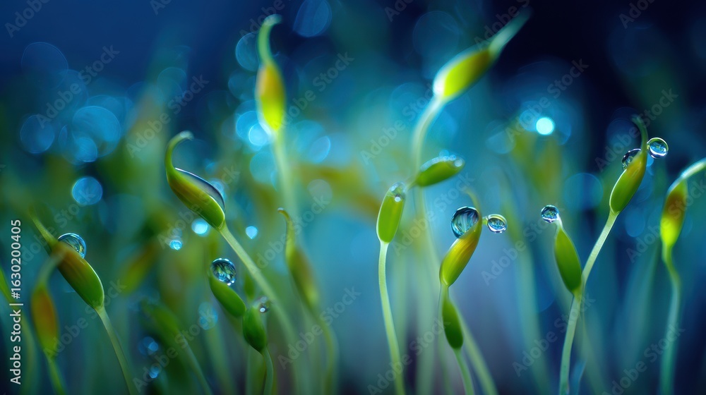 Fototapeta premium Close-up view of vibrant green seedlings sprouting in soil under soft warm light with a blurred background for fresh growth and early plant development