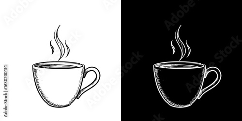 isolated vector image of a coffee cup, two design variants on transparent and black background, pencil drawing, chalk drawing
  