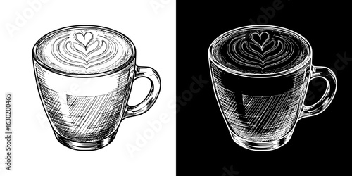 Isolated vector image of glass coffee cup with latte art, two design variants on transparent and black background, pencil drawing, chalk drawing