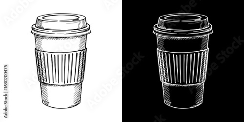 Pencil drawing takeaway coffee, disposable coffee cup, isolated vector image, two design variants on transparent and black background, chalk drawing
