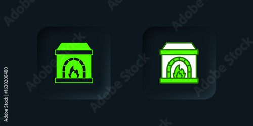 Green Blacksmith oven icon isolated on black background. Black square button. Vector